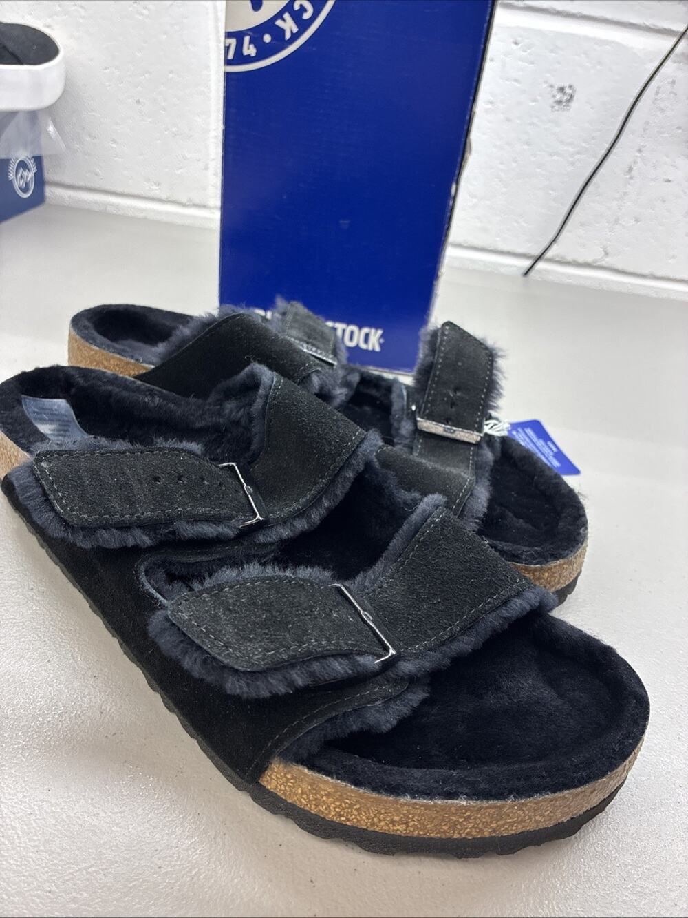 Birkenstock Arizona Shearling Mens 45 Slide Sandals Size 12 US Black Suede New